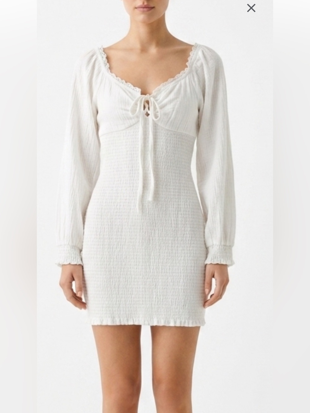 Mabel Smocked Empire Waist Long Sleeve Mini Dress with Front Tie